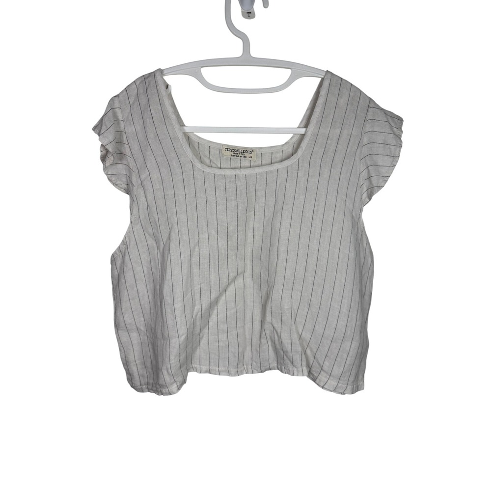 Terzo Millennio Italy White Pinstripe Linen Crop Top Flutter Sleeve Lagenlook LG